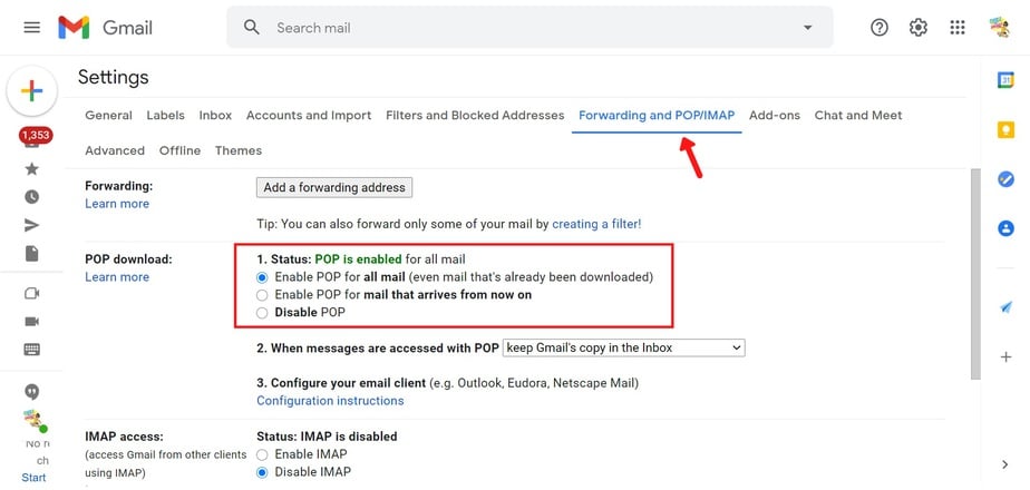 configurar POP en Gmail